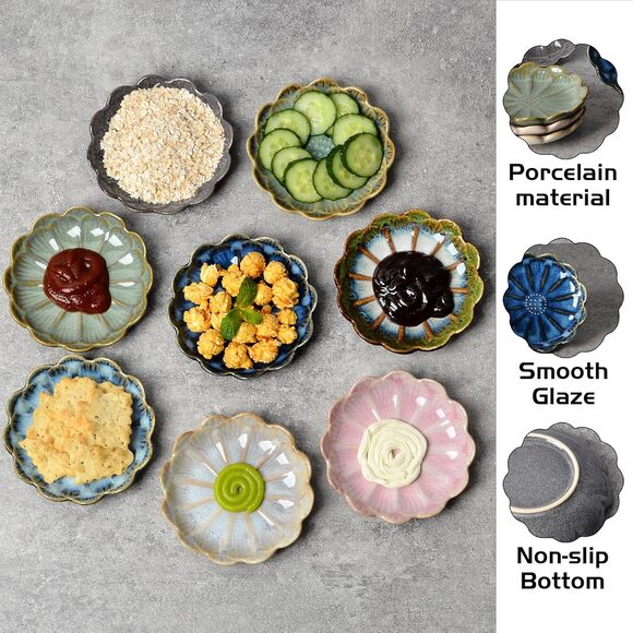 Ceramic Dipping Bowls Set of 8, 3 oz Sauce Dishes, Small Porcelain Flower Plates - Picture 5 of 8